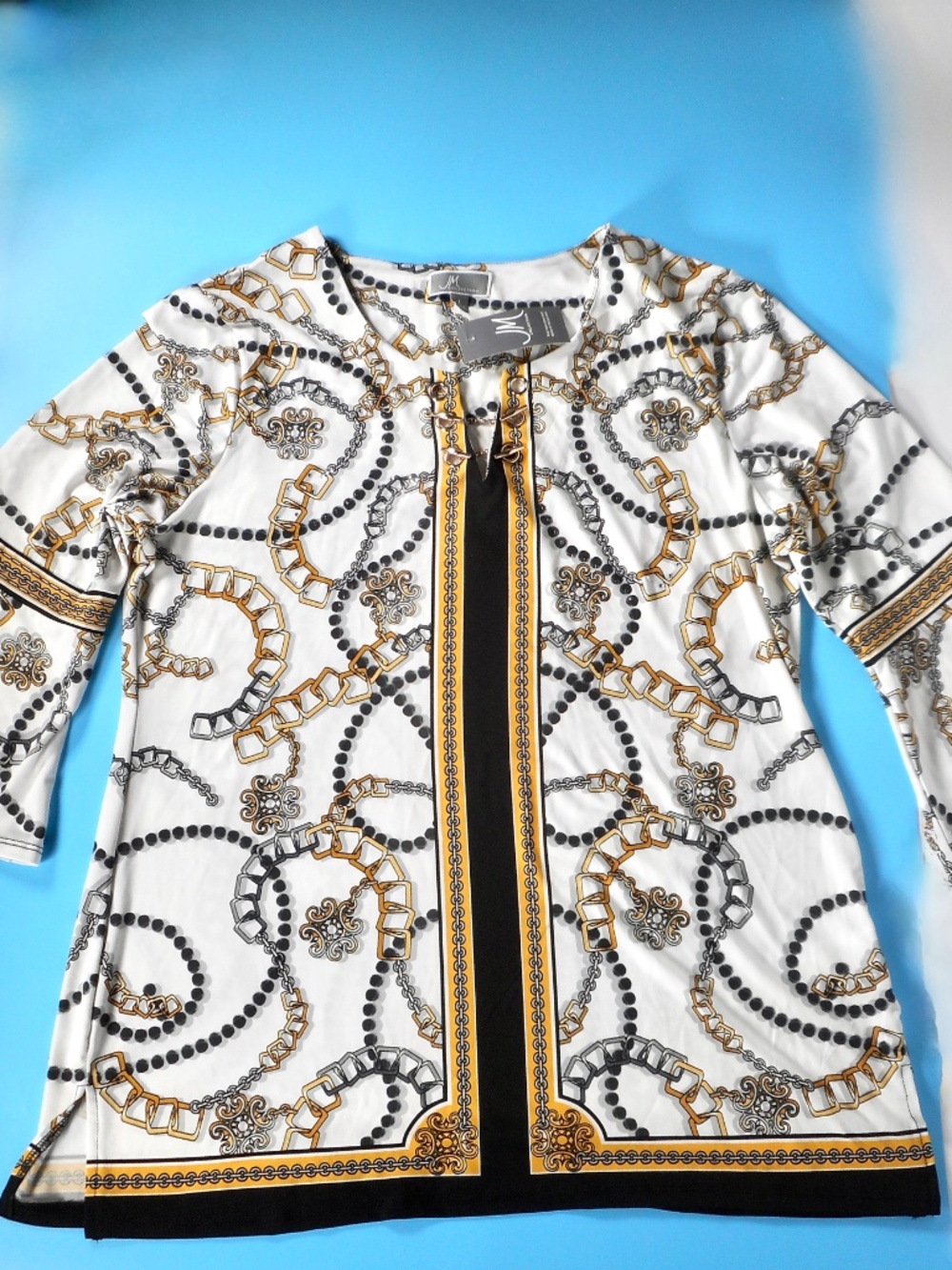 NWT JM Pretty Opulent Collection Black Cream Sz L Tunic Top Gold Chain Melody